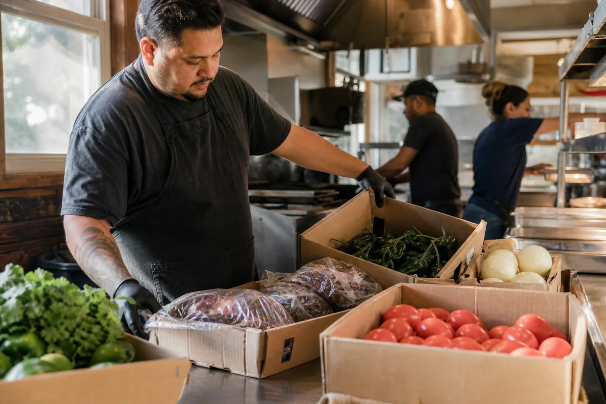 Cook unloading a morning food delivery onto a prep table in a Texas restaurant kitchen