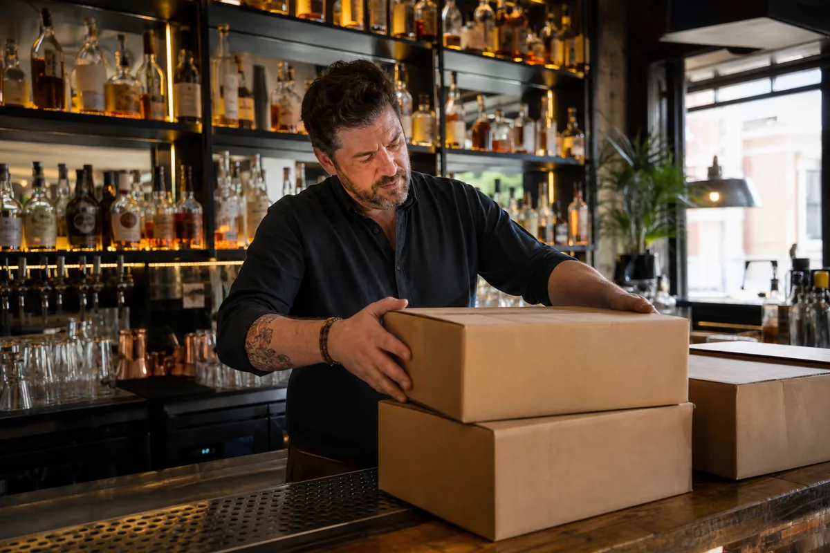 Bar owner checking cases from a liquor delivery on the bar top before opening