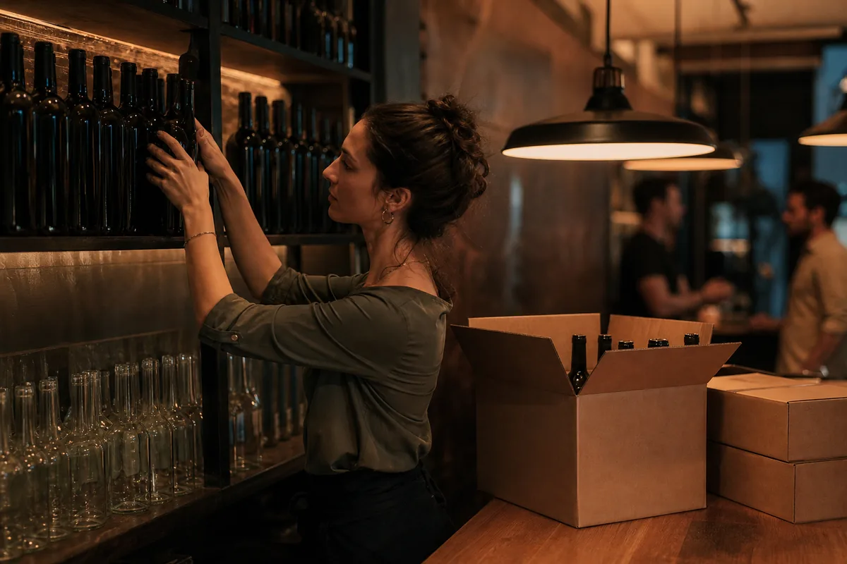 Beverage manager restocking a wine bar back shelf with bottles from a fresh delivery