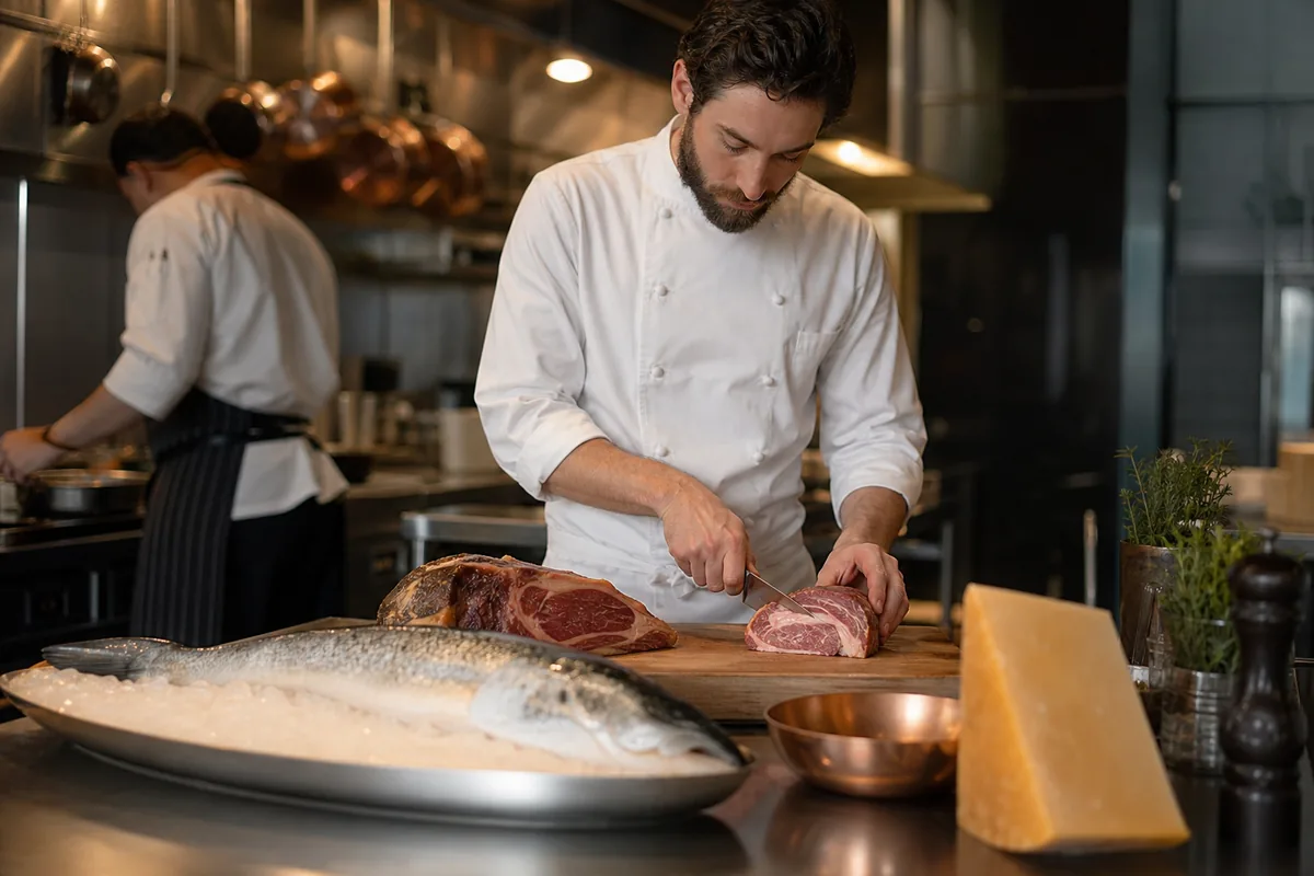 Chef unpacking a specialty food delivery of cheese, produce and pantry goods in a restaurant kitchen
