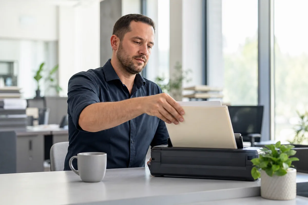 Office desk with a document scanner and printed invoices ready for data extraction
