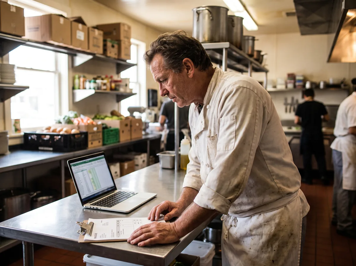 Kitchen manager checking food distributor delivery invoices against a spreadsheet on a laptop
