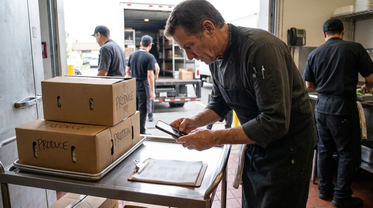 Kitchen manager photographing a food distributor invoice with a phone next to delivered cases