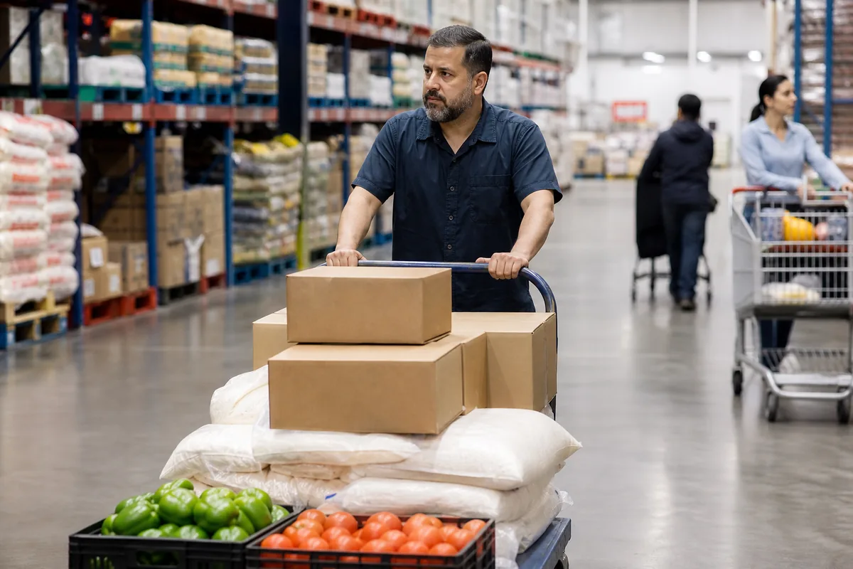 Restaurant owner pushing a loaded flatbed cart through a warehouse club aisle