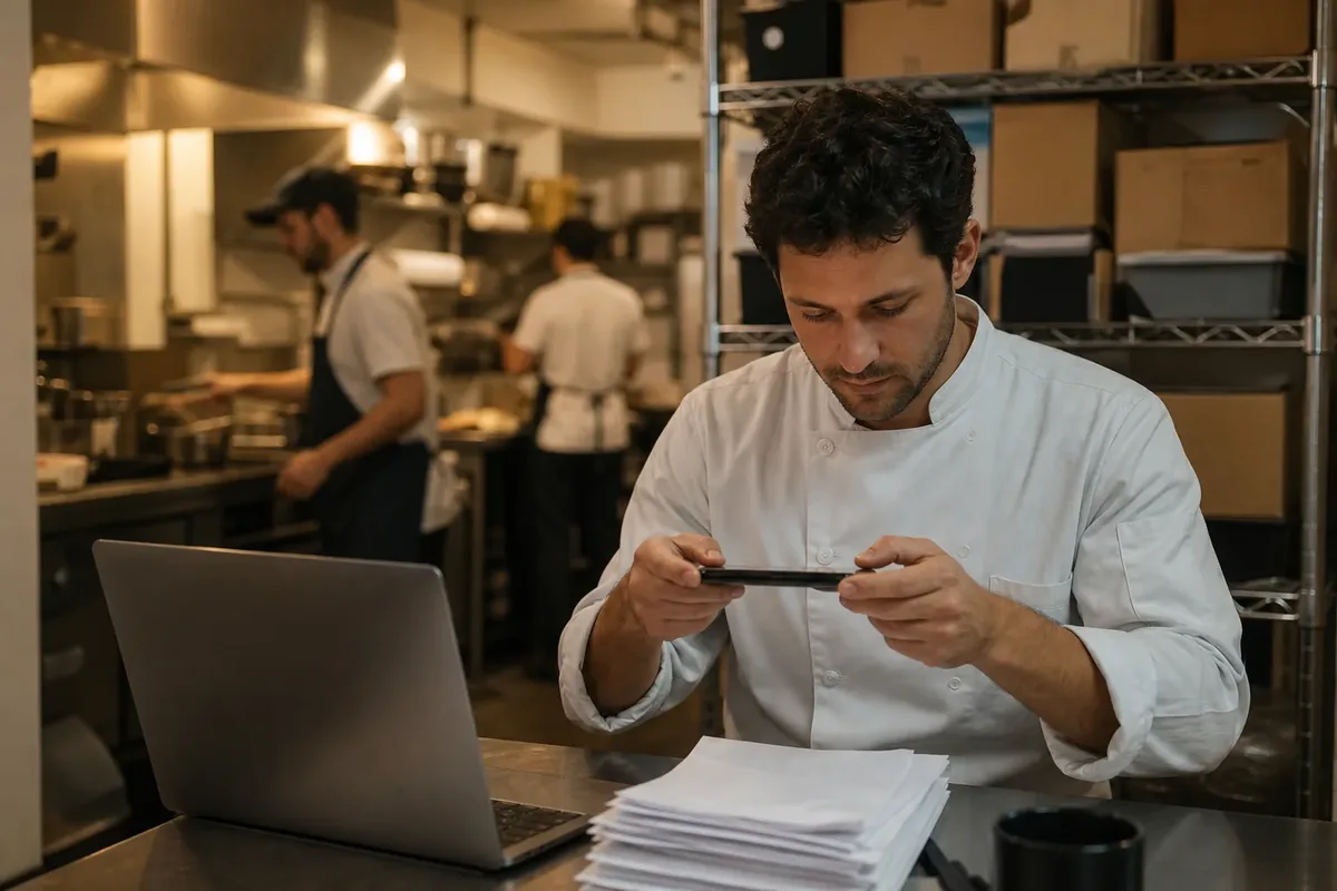 Restaurant owner photographing a stack of supplier delivery invoices with a phone in the back office