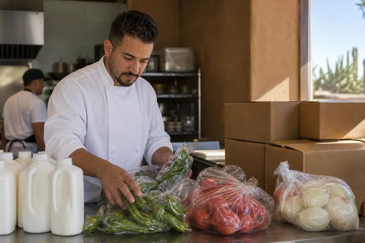 Chef checking a morning delivery of fresh chiles, tomatoes and dairy on a prep table in an Arizona restaurant kitchen