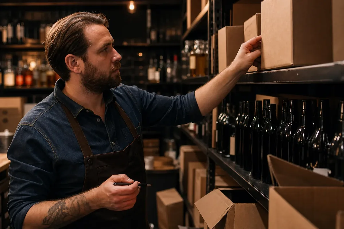 Bar manager counting cases of wine and spirits in a cocktail bar stockroom after a delivery