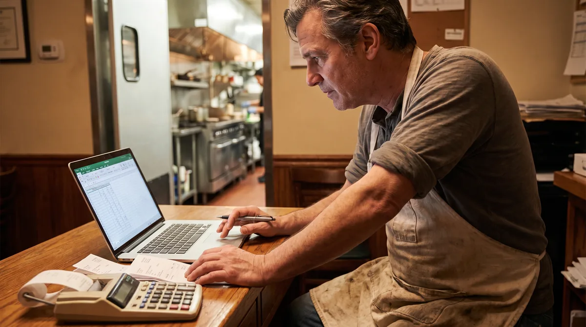 Restaurant owner checking a paper receipt roll against a spreadsheet on a laptop in the dining room