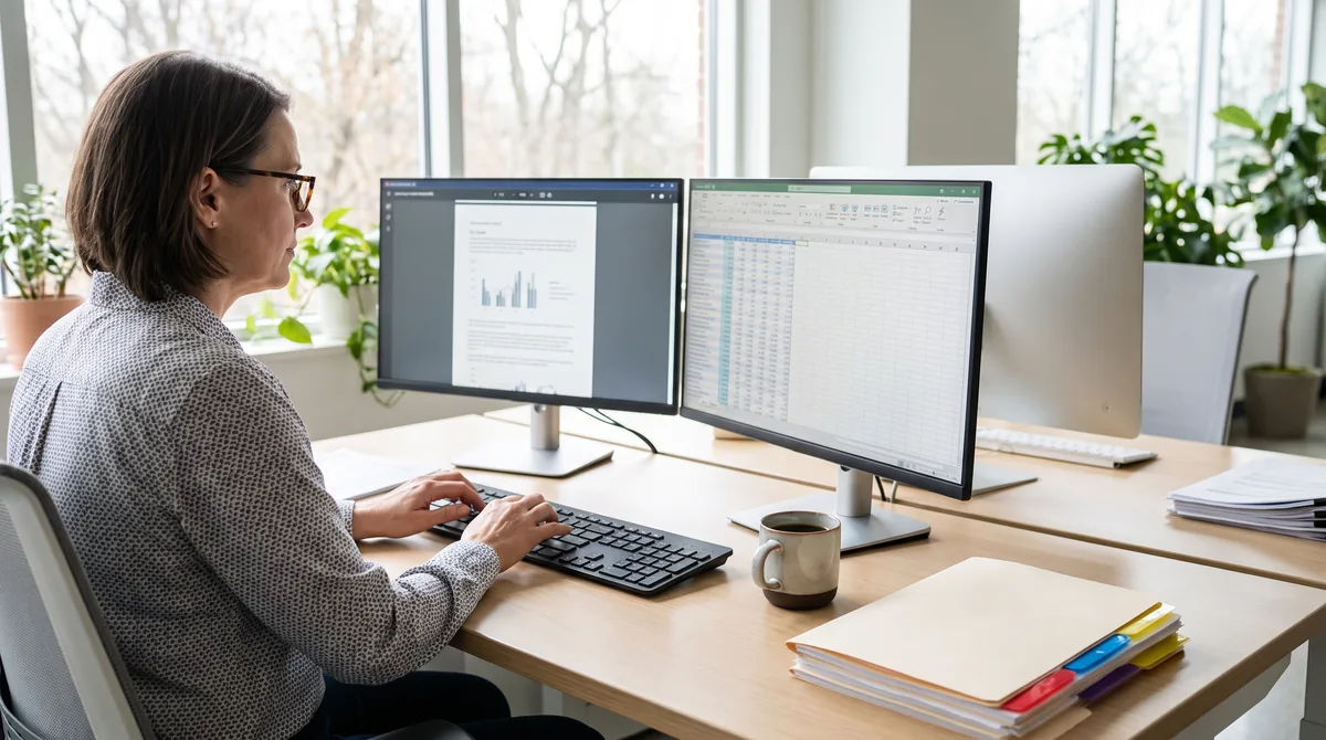 Bookkeeper reviewing a stack of food distributor invoices at a desk